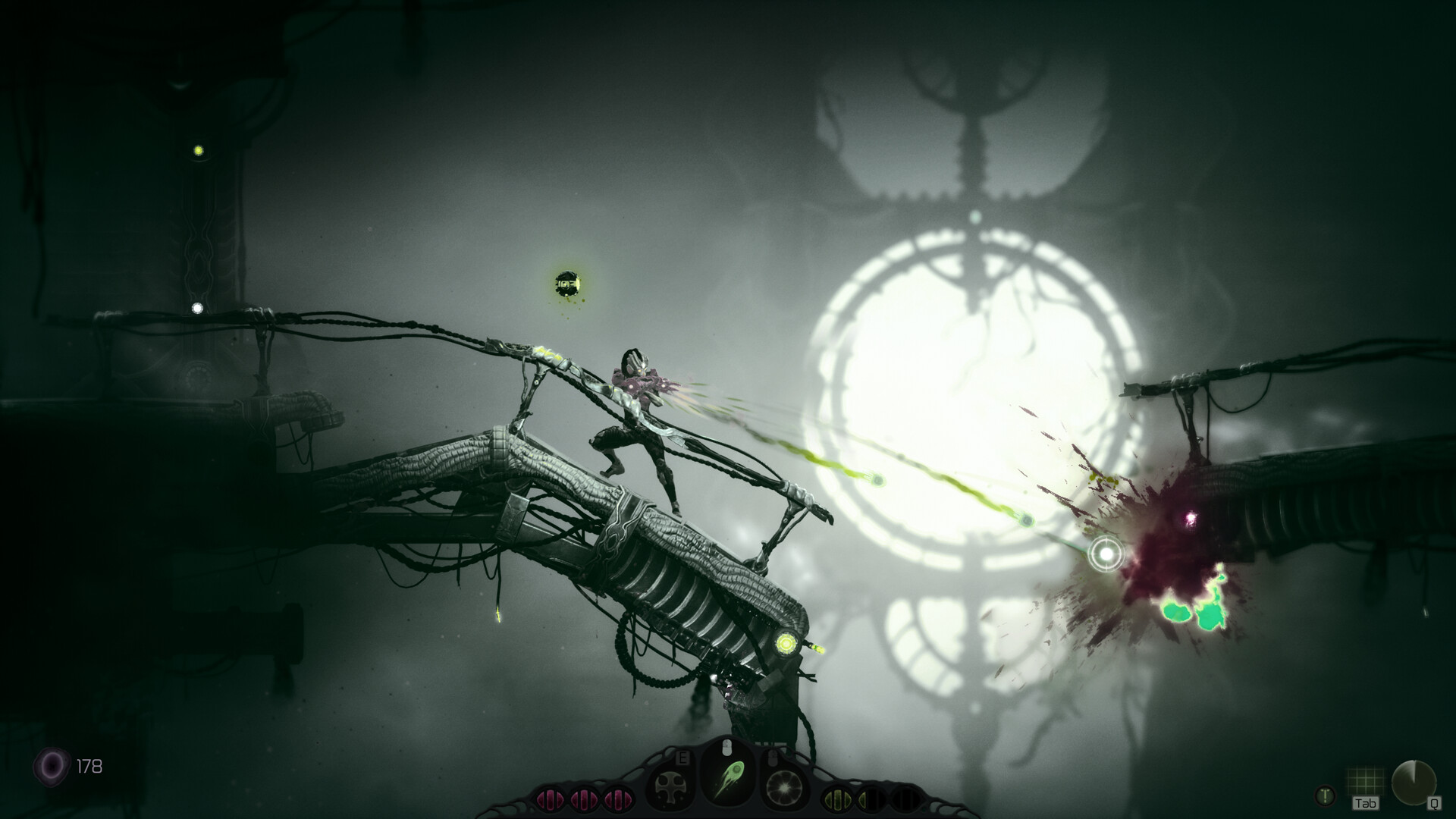 Moadra gameplay among biomechanical structures